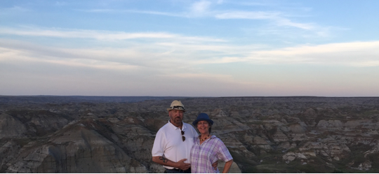 Ken and Christina at the spectacular Dinosaur Provincial Park in southern Alberta in midst of a Cree Elder guided U of A trek to indigenous sacred sites.