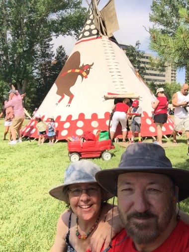 Christina and Ken outside the indigenous tipi during Canada Day July 1 at the Alberta Legislature grounds. Canada=150 years. Indigenous peoples = 15,000 years. New chapter ahead.